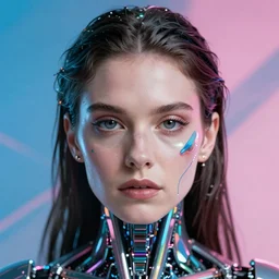 portrait of lana del rey as a cyborg. realist abstract. key art. cyberpunk, blue and pink, intricate artwork. clear face, cyberpunk augmentations art by tooth wu, wlop, beeple, dan mumford. 8 k octane render, trending on artstation, greg rutkowski very coherent symmetrical artwork. cinematic, hyperrealism, very detailed, iridescent accents