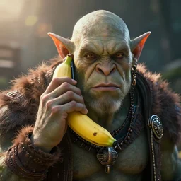 portrait art of an orc using a banana as a phone, 8k ultra realistic , lens flare, atmosphere, glow, detailed, intricate, full of colour, cinematic lighting, trending on artstation, 4k, hyperrealistic, focused, extreme details, unreal engine 5, cinematic, masterpiece