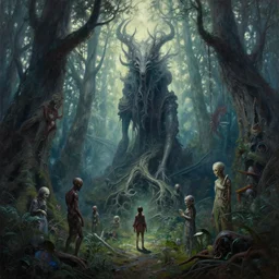 a cinematic masterpiece painting of exotic alien mystical gothic forest of despair and misery in bright sunlight, by Alex Grey, by Wayne Barlowe, by Marc Simonetti, by Paul Lehr, by Tim Hildebrandt, by Bruce Pennington, by Zdzisław Beksiński, oil on canvas, masterpiece, trending on artstation, featured on pixiv, cinematic composition, beautiful lighting, sharp, details, hyper-detailed, no frames, HD, HDR, 4K, 8K