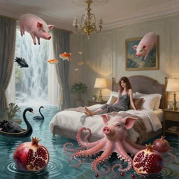tall emo girl in her bedroom, pigs, pomegranates, octopus, flooded, floating sculptures, luxury apartment bedroom, art on the walls, fish, zen, waterfall, black swans, canoe, berries, surrealist, digital painting