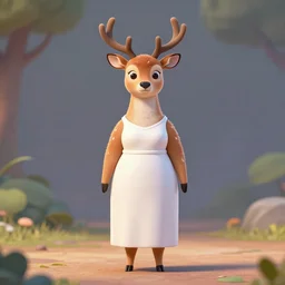portrait, 3 d render, tall, little fat, anthropomorphic female deer, wearing along white dress, in the style of zootopia,