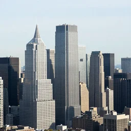 ariel view of an urban city where there are mainly tall structures and skyscrapers. The architecture is 1990s and modern. The sky is clear and filled with clouds. Highly detailed and realistic.
