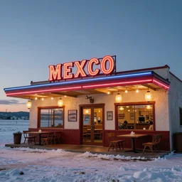exterior photo of a mexican restaurant, neon lights, in a flat snowy field. 35mm. Very detailed 8k. Sharp. Cinematic post-processing. Unreal engine. Nanite. Ray tracing. Parallax. Tessellation