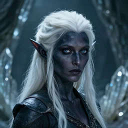 head and shoulders portrait of an obsidian - skinned, white - haired drow elf spider wizard portrayed by young jessica alba, in a crystal cavern, d & d, fantasy, luis royo, magali villeneuve, donato giancola, wlop, krenz cushart