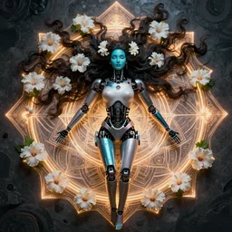 a beautiful intricate fine art portrait photo of an indian cyborg with bionic implants, epic wavy hair spread out around her lined with white hibiscus, lying on a glowing mandala, by natalie shau and james christensen, masterpiece!, turquoise blue face, mechanical robot body, top view, studio lighting, golden ratio composition, 3 5 mm lens, deep depth of field, artstation, 8 k