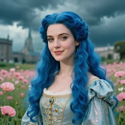medium close up portrait of queen, vibing, regal dress, soft smile, blue long haired elegant model, female, by greg rutkowski, storm clouds, poppies, in fantasy city, teal and pink color palette, annie liebovitz, preraphaelite, detailed c