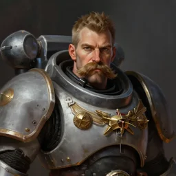 portrait of a man with a bushy moustache wearing space marine armor, concept art, warhammer, moustache, fantasy, highly detailed, cinematic lighting, digital painting by greg rutkowski