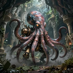 biomechanical steampunk creature with robotic parts and big octopus head and (glowing) eyes guarding an ancient lush cave in a mystic forest, gothic and baroque, brutalist architecture, ultradetailed, creepy ambiance, fog, artgerm, giger, Intricate by Ellen Jewett and Josan Gonzalez and Giuseppe Arcimboldo