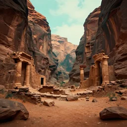 ancient ruins in a canyon, retrowave epic art, trending on art station