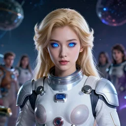 studio portrait of an absurdly beautiful divine celestial japanese female goddess with blonde hair and glowing royal blue eyes in luxurious space suit in a scenic multiversal environment by james jean, amano yoshitaka, marc simonetti, jean giraud, martine johanna, josan gonzalez, peter mohrbacher, smooth, sharp focus, octane render, face anatomy