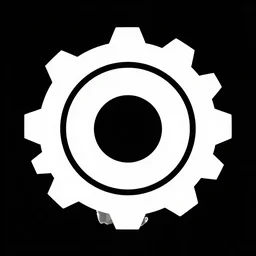 A logo of a 2D white isometric gear on a pure solid black background, solid gray shading.