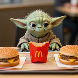 yoda, upset, yoda sitting behind a table inside mcdonald's, small red cardboard box on table, yellow m logo on box, deflated hamburger on a tray, 3 5 mm, f / 2. 8