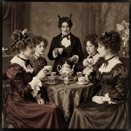 demons tea party, antique photo, victorian era, cinematic lighting,