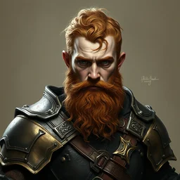 a ginger bearded fantasy young dwarf warrior, black and bronze plate armor, minimalist portrait by alex horsey and daniel docciu and dave dorman and jeff easley