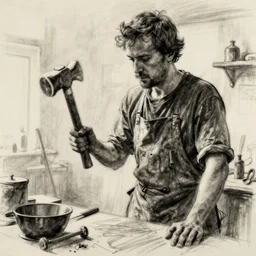 film scene, charcoal sketch of charlie day, a blacksmith holding a hammer, style of jeremy lipking