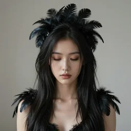 hight focus of a wonderful realistic focused sweet wonderful symmetrical mid portrait of a lonely woman with a wonderful hair, dressed with a realistic black raven plumes, dramatic light, octane render - 8 k