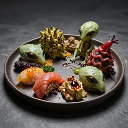a beautifully plated meal of strange and disturbing colorful alien foods, professional photography