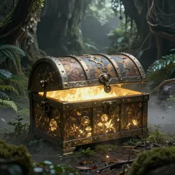(((glowing))) treasure chest in ethereal lush cave with mystical ambiance and fog, desaturated, realistic, sharp focus, highly detailed, by artgerm