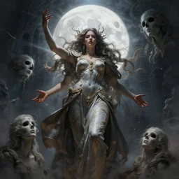 goddess, masterpiece ,  cinematic, powerful, moon beams dramatic light, highly, intricate elements, hollow souls, detailed, digital painting, artstation, concept art, sharp focus, illustration, dynamic art by Livia Prima and Elena Masci and Mitch Foust