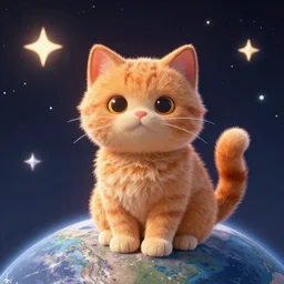 A fuzzy orange cat sitting on planet earth, space with stars in the background, trending on artstation, 3D animation Style