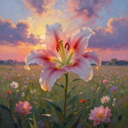 large lily head, girl floating in a flower field, surreal photography, sunrise dramatic light, impressionist painting, colorful clouds, digital painting, artstation, simon stalenhag