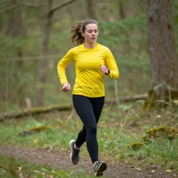 a beutiful female orienteer wearing a yellow long - sleeved shirt and black tights runs in the forest, photo, sigma 5 5.