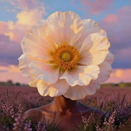 closeup, large flower as the head, african woman in heather field, surreal photography, golden hour, colorful clouds, impressionist painting, digital painting, artstation, simon stalenhag