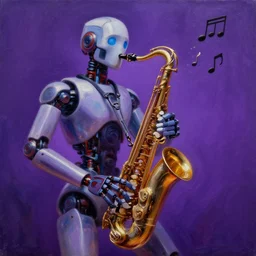 oil painting of robot playing saxaophone with notes coming out, jazz, purple, fantasy, HD, hyper detailed, epic lighting
