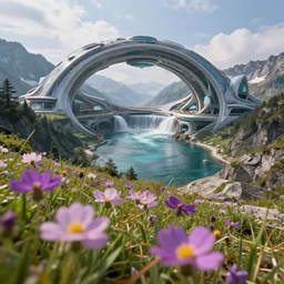 fantasy arcology, alpine waters, flowers close up in foreground, max rive, 4 k, instagram, landscape, hdr