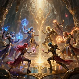 fantasy league of legends characters fight with magic in big cave, action scene, 8 k, lumen reflections, sharpened, insanely detailed and intricate, hypermaximalist, elegant, ornate, hyper realistic, super detailed, digital art