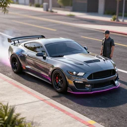 long shot of mustang mach x car with speed racer decals, neon edges on bottom of body, parked on the side of the street with futuristic speed racer standing next to the car, hyper realistic, photo realistic details, intricate details, rhino rendered, sharp focus, glossy paint, sunny, dynamic lighting, 3 ds max rendered, masterpiece, featured on artstation, 8 k