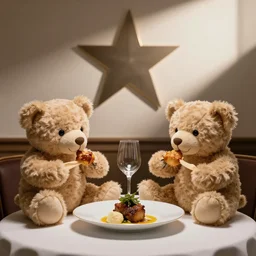 teddy bears eating a fancy dinner at a Michelin star restaurant