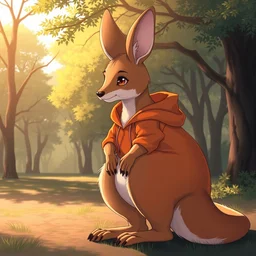 an anthropomorphic kangaroo with a big tail wearing an orange hoodie at a park with trees, trending on artstation, detailed, anime, warm lighting, backlighting, by kawacy, trending on furaffinity, furry art