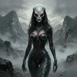 horror art, salma hayek alien queen, grey mountains in the background, art by ismail inceoglu