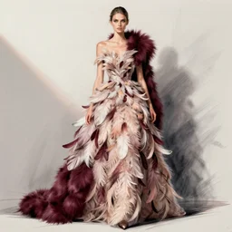 a light feminine dress made of feathers and burgundy fur, fashion sketch by karl lagerfeld