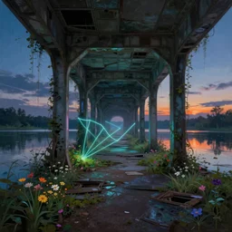 a beautiful detailed painting of abandoned nature hallway building urbex city by john howe, myst at night dramatic lighting at dusk lake laser flowers landscape at dawn neon signs sunset uv light bladerunner 2 0 4 9 reclaimed by nature at spring nature architecture island extraterrestial, archdaily, wallpaper, highly detailed, trending on artstation.