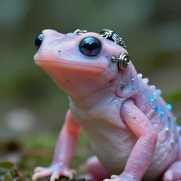 natural light, soft focus portrait of a cyberpunk anthropomorphic newt with soft synthetic pink skin, blue bioluminescent plastics, smooth shiny metal, elaborate ornate head piece, piercings, skin textures, by annie leibovitz, paul lehr