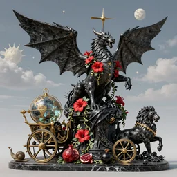 tilt shift, italian masterpiece, sky in background, wyvern, wind rose, Ashford Black Marble, sculpture, baroque,  draped with red Hibiscus and vines and spines, marble and hint gold, space, stars, clouds, suns, moons, drapes, fruits, Obsidian, pomegranade, armour, medieval globe, glass, portrait, mage, centaur, siren, lion, chariot, snails, render, artstation, ultra detailed