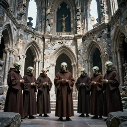 humanoid alien robed benedictine monks sing in a boreal crumbling stone gothic brutalist monastery kodak portra ektachrome