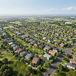 futuristic community suburb ultrarealistic 150mpx landscape photography grass trees houses photorealistic 8k