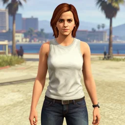 Emma Watson as a GTA V NPC in vespucci beach, in game capture. 3D Render.