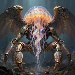sci - fi biomechanical, monster character design, fantasy. intricate jellyfish crab eagle lizard biomechanical. by ernst haeckel