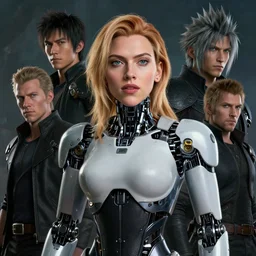 a portrait of a robotic Scarlett Johansson by Greg Rutkowski, Sung Choi, Mitchell Mohrhauser, Maciej Kuciara, Johnson Ting, Maxim Verehin, Peter Konig, final fantasy , mythical, 8k photorealistic, cinematic lighting, HD, high details, atmospheric,