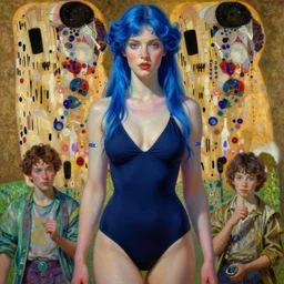 highly detailed oil painting of beautiful blue - haired android wearing a swimsuit, very intricate, cinematic lighting, award - winning, the good spirit of god, by roberto ferri, by tom bagshaw, by j. c. leyendecker and klimt, beautiful cinematic light, american romanticism, by austin osman spare, artstation, cgsociety, official art, octane