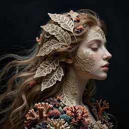 a woman's face in profile, long flowing hair entwined in a coral reef, made of intricate decorative lace leaf, in the style of the dutch masters and gregory crewdson, dark and moody