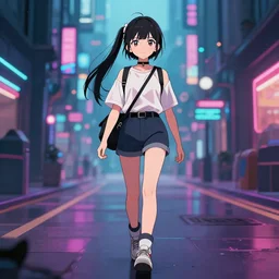 clockpunk kawai anime girl walk in cyberpunk street