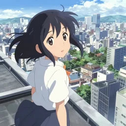 anime visual of a black haired girl on high rooftop sightseeing bright day anime cityscape by makoto shinkai, cute face by yoh yoshinari, katsura masakazu, dynamic pose, dynamic perspective