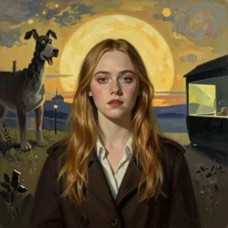 Elle Fanning in the painted world of Courage the Cowardly Dog and Bruce Pennington, head and shoulders masterpiece, apocalypse, golden hour, cosmic horror, artstation, in the style of Andrew Wyeth and Edward Hopper and Bosch, extremely detailed