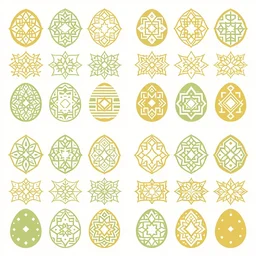 vector illustration of 2 - dimensional repeating islamic geometric designs and easter eggs. the color theme is # ce 0 cf 7 # 0 0 faa 8 # 3 6 4 5 4 f. octane render, 4 k, high detailed.