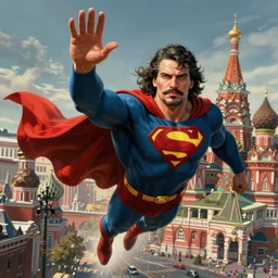 epic visual development art of stalin as superman flying over moscow, waving at the camera, socialist realism, soviet nostalgia, sovietwave, ultrarealistic, hyperdetailed, intricate digital art, trending artstation, rich moody colors, fan art, concept art, in the style of the red son, by robert kirkman